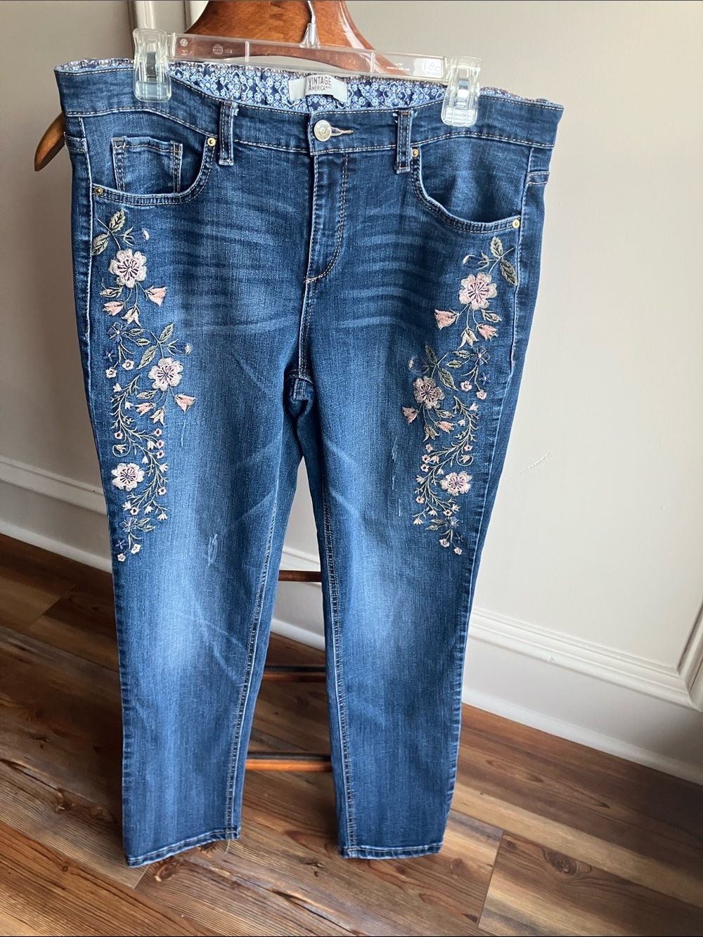 Vintage America Blue Jeans with Pink Floral Embroidery